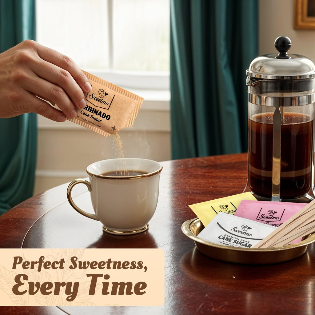 Sweetmo Sugar Packets Variety Pack - 400 Count of Sucralose, Raw, Cane Sugar & Stirrers | Perfect for Coffee & Tea