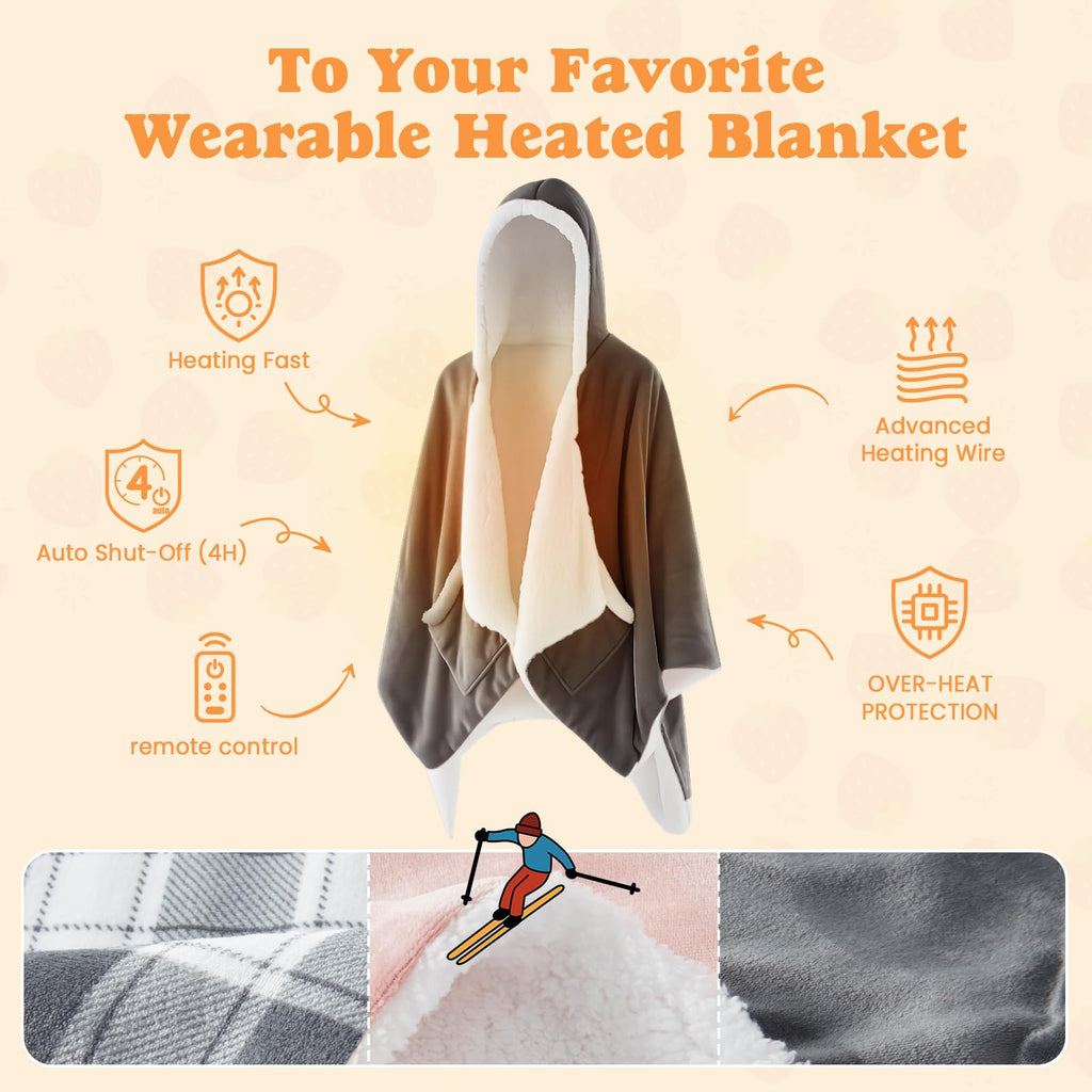 ACCU-WARMTH Wearable Heated Blanket - Warm Up Electric Blanket Hoodie with 6 Heat Levels, Snuggies for Women, 50"x70", London Grey