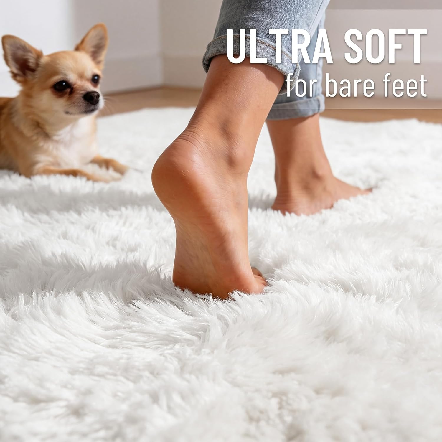 OLANLY Small Bedside Rug - Soft, Fluffy Shaggy Throw Rug for Bedroom & Living Room | White, Machine Washable