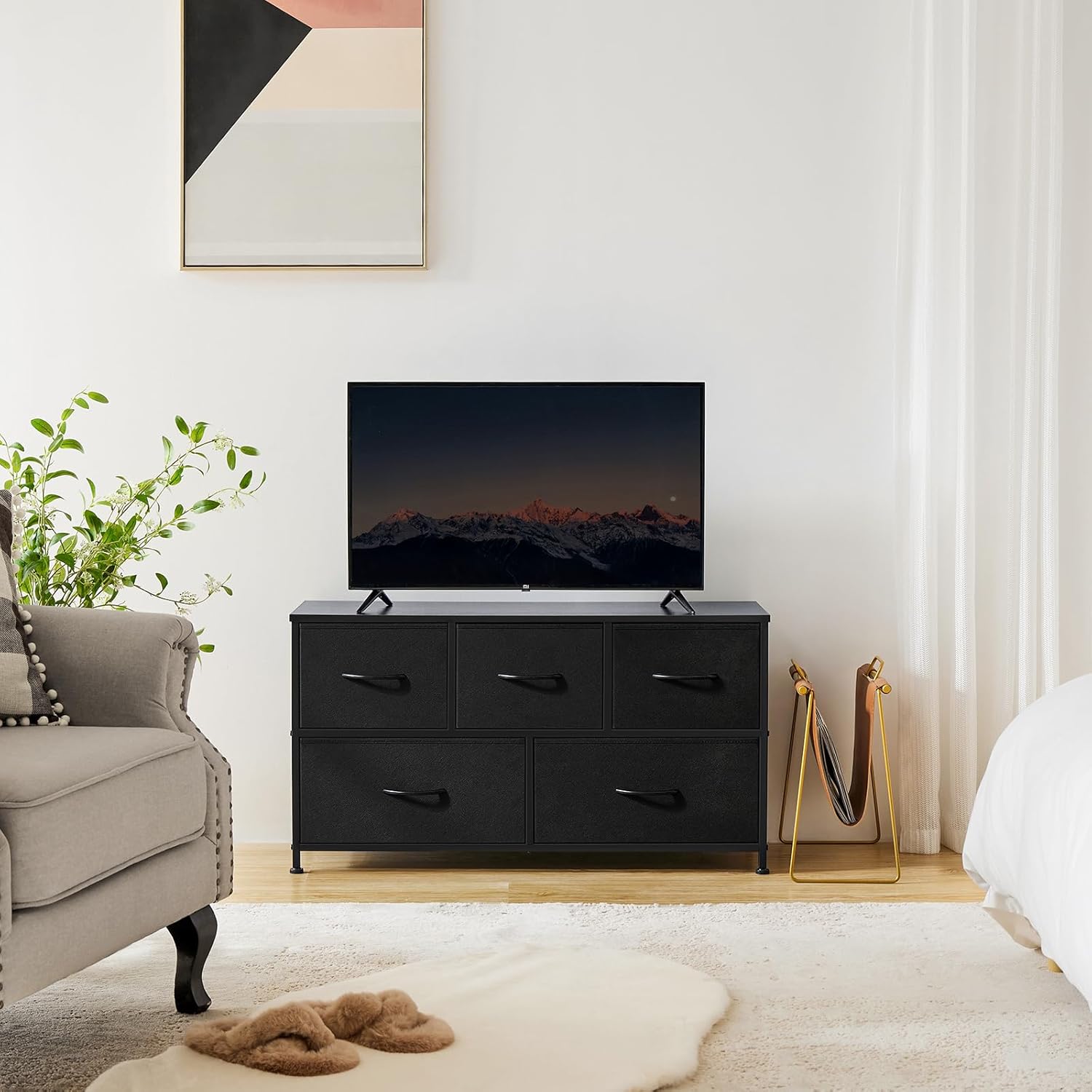 OLIXIS 5-Drawer Dresser - Sturdy Fabric Storage Tower with Wooden Top & Easy Pull Bins for Bedroom | Living Room