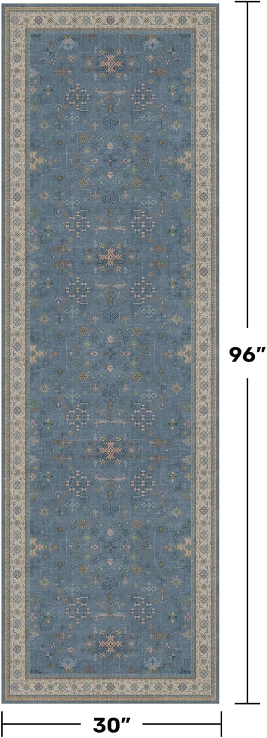 Blue Boho Runner Rug - Washable Non-Slip 2'6''x8' Hallway Rug with Colorful Floral Print