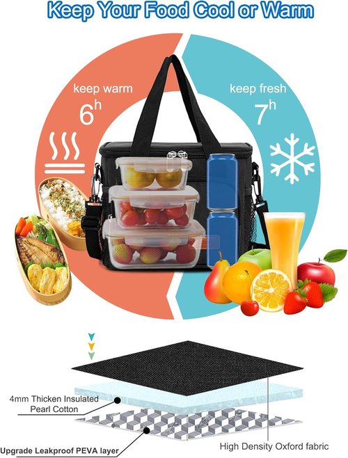 Femuar Insulated Lunch Box - Leakproof Reusable Cooler Bag for Work & Picnics - Adjustable Strap, Black