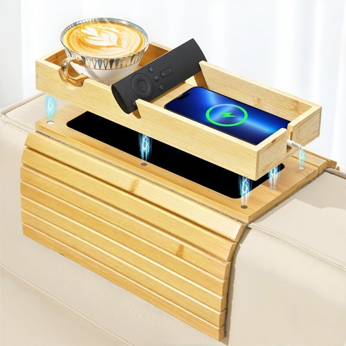 Luxspire Couch Armrest Table, 2-in-1 Magnetic Detachable Sofa Arm Tray with Cup Holder and Phone Holder, Foldable Bamboo Couch Cup Holder for Remote Controls, Phones, Snacks, Cups, Burlywood