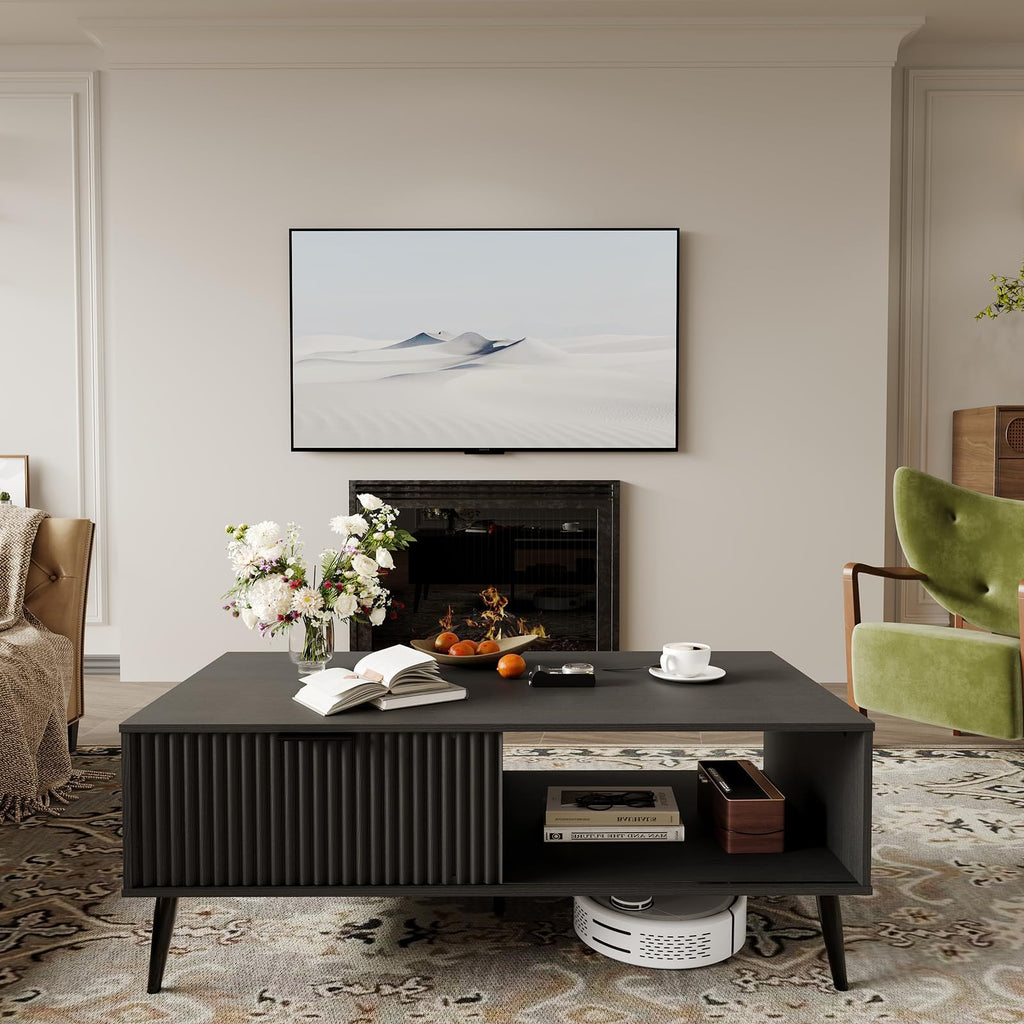 Modern Coffee Table with Storage, 2-Tier Wooden Cocktail Table, Mid Century Modern Coffee Tables with Wave-Style Sliding Doors and Solid Wood Legs, for Living Room, Office, Black