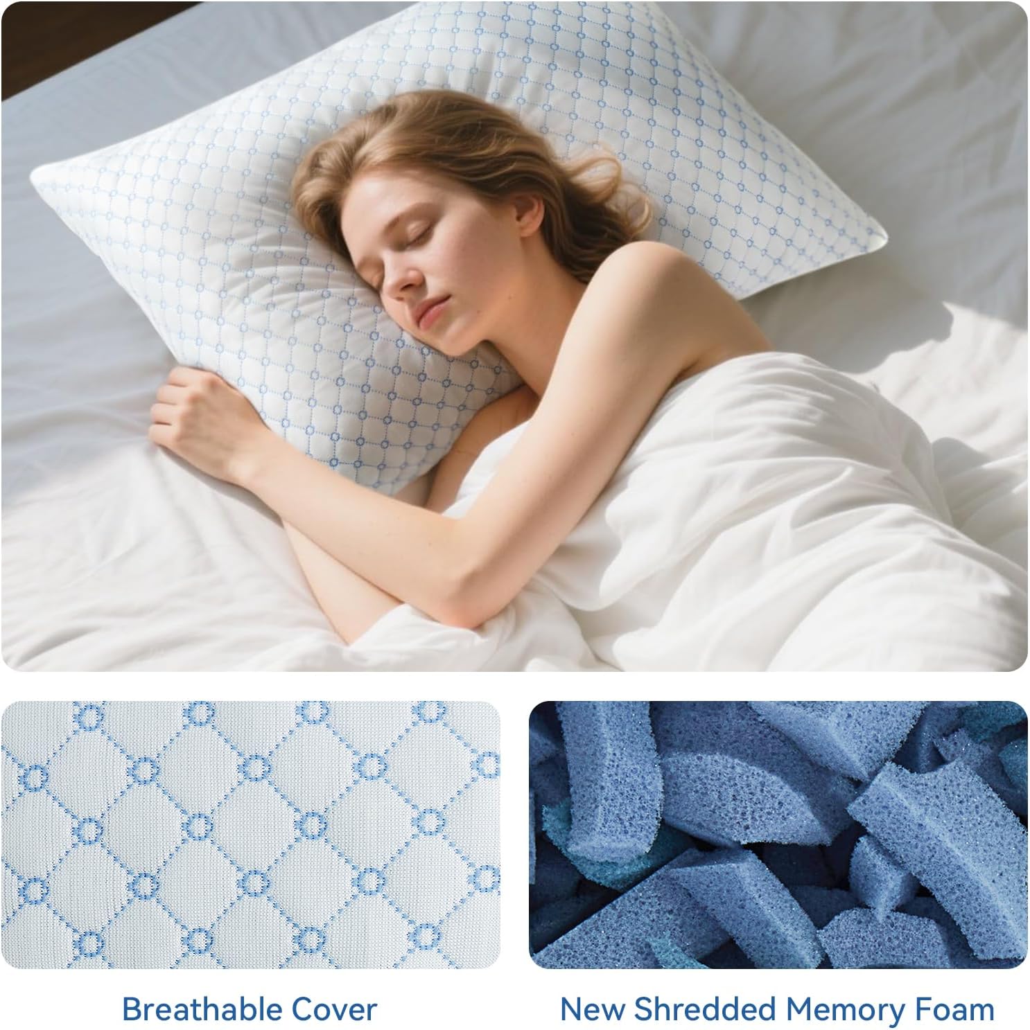 Skiennix Cooling Bed Pillows - Adjustable Shredded Memory Foam for Neck Support | Queen Size 2-Pack