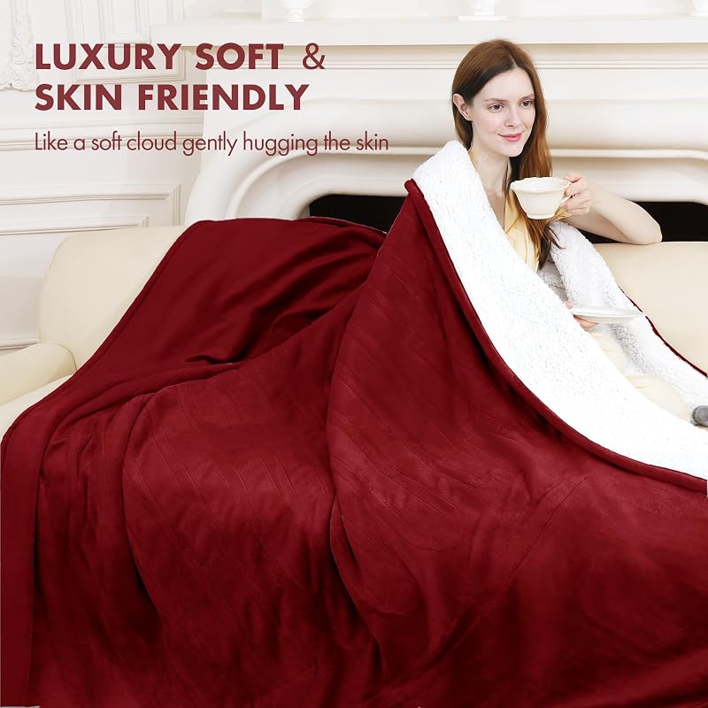 Electric Heated Throw Blanket Red 50" x 60" Flannel Sherpa - 5 Heating Levels, ETL