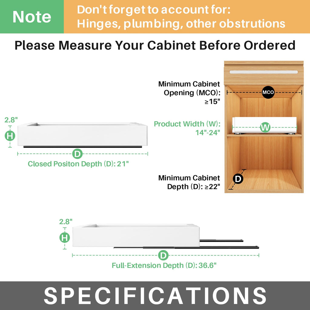 Pull out Cabinet Organizer, Wider Expandable(14"-24") Heavy Duty Slide out Drawers Fixed with Adhesive Nano Film for Pots, Roll out Shelf Storage for Kitchen Cabinet Organization(White-1pc)(3 Rails)
