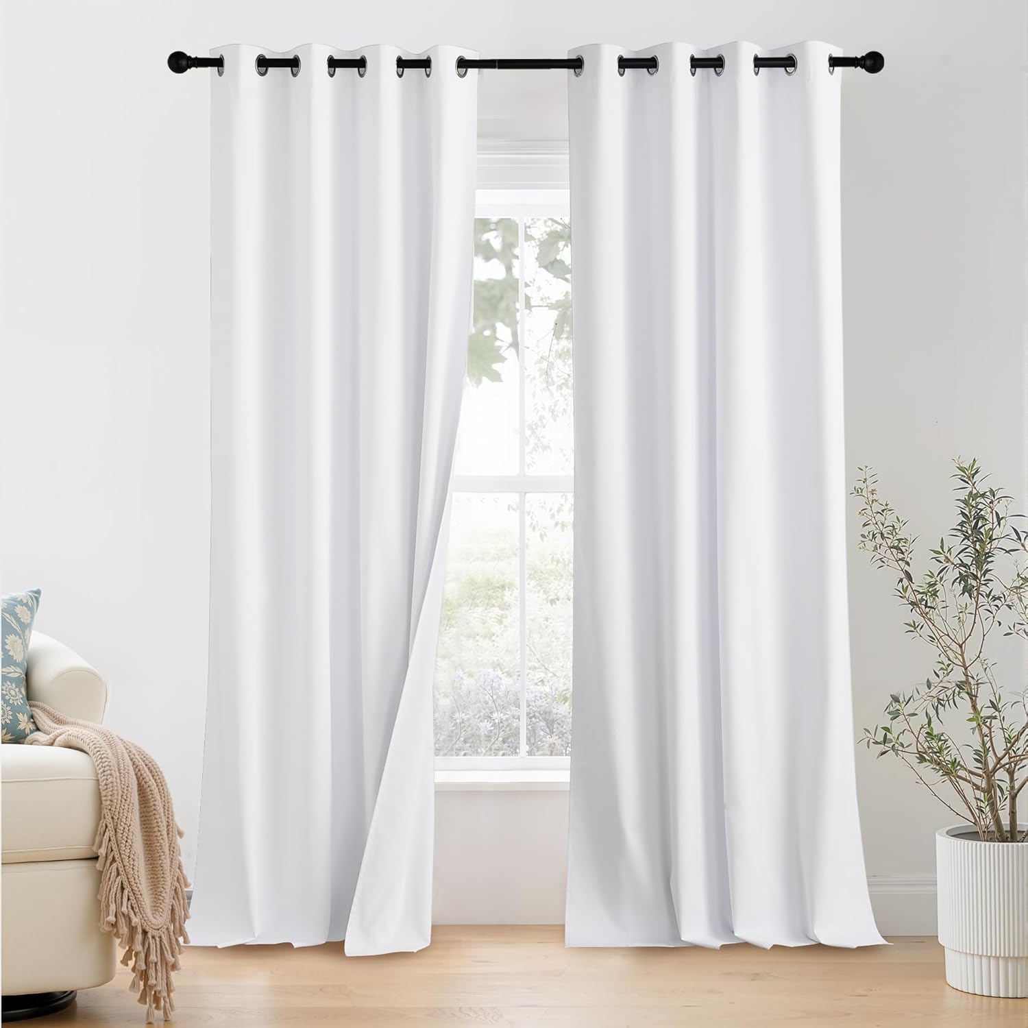 NICETOWN 100% Blackout Window Curtain Panels - Thermal Insulated, 96-Inch Length, Snow White, Set of 2