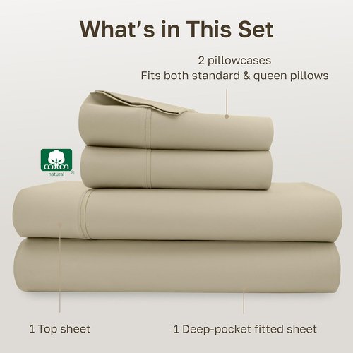 California Design Den Queen Size Bed Sheets Set - 100% Cotton, Silky Smooth Sateen, Deep Pockets, Beige
