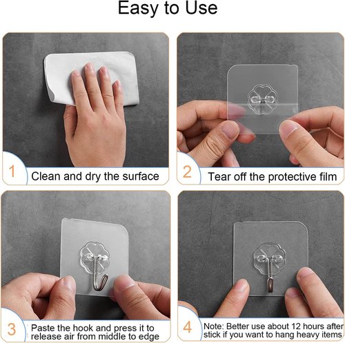 Adove Heavy Duty Adhesive Hooks - 20 Pack Transparent Self-Adhesive Wall & Ceiling Hooks | 22lb Max Capacity