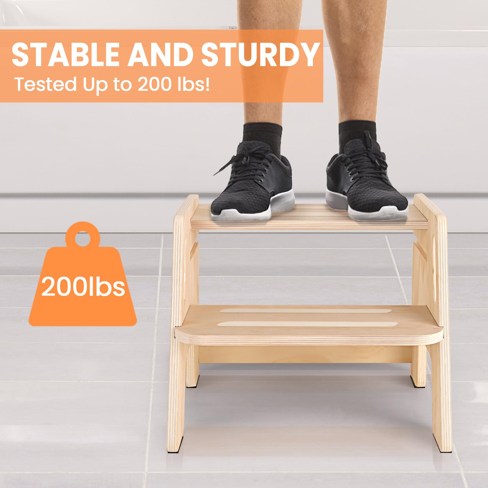 Toddler Step Stool, Wooden Height-Adjustable 2-Step Stool for Kids, Potty Training Stool with Handles for Bathroom Sink, Kitchen, Bedroom