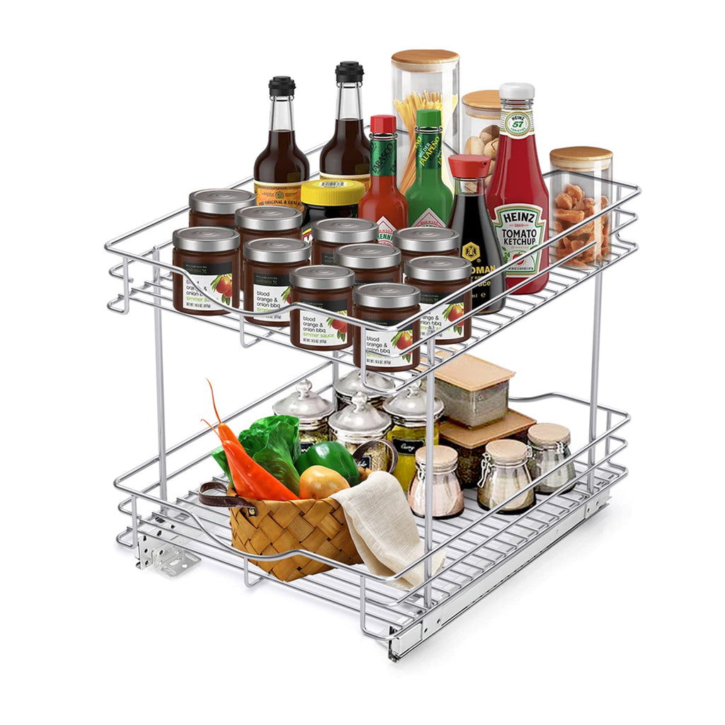 Fulgente Chrome Finish Pull Out Drawer Cabinet Organizer, Professional Wire Frame 2 Tier Heavy Duty Slide Out Kitchen Cabinet Storage Shelves, Sliding Drawer for Cabinet 11"W x 21"D