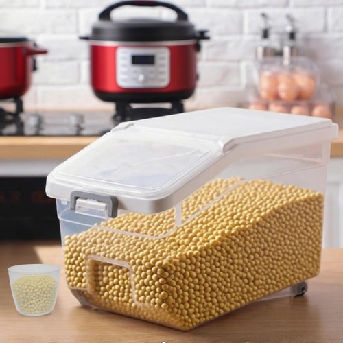 LECEHIVO 5 Pcs Rice Storage Container with Wheels 28 lb Airtight Flour Cereal Grain Organizer Box with Measuring Cup and Flour Scoops Clear Cube Pet Food Bin for Dog Cat Birds Baking Supplies