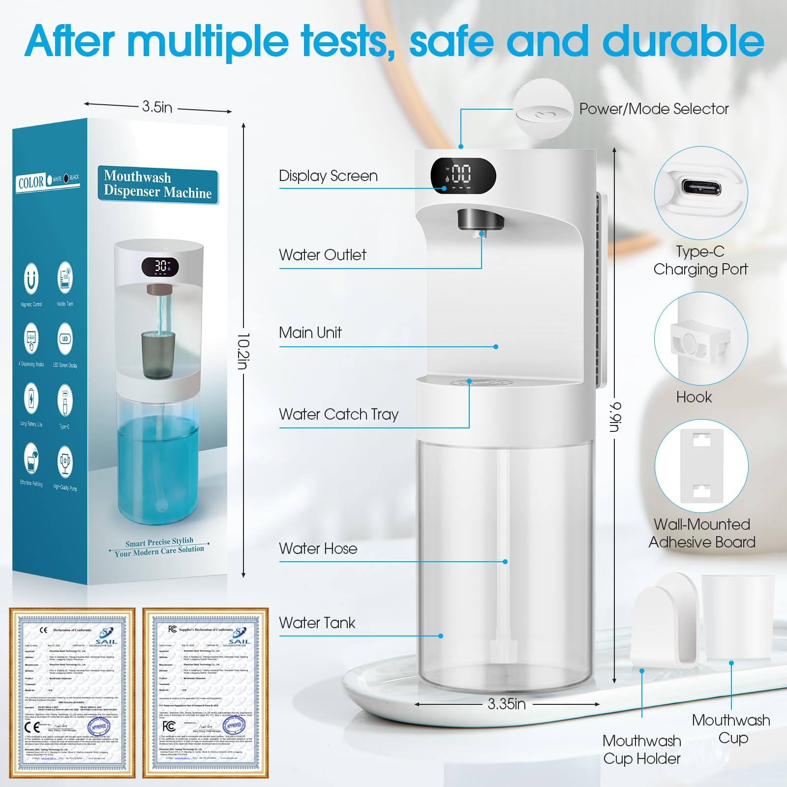 Automatic Mouthwash Dispenser for Bathroom,20.29 oz Touchless Electric Mouth Wash Dispensers Bathroom Accessories Set with 4 Magnetic Cups,4 Modes Wall Mounted Mouth Wash Dispenser for Home & Kids