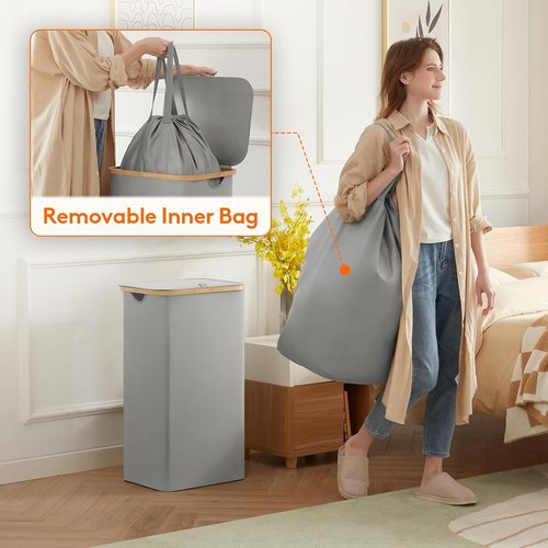 Lifewit 100L Laundry Basket - Foldable Clothes Hamper with Lid & Bamboo Handles | Silver Grey