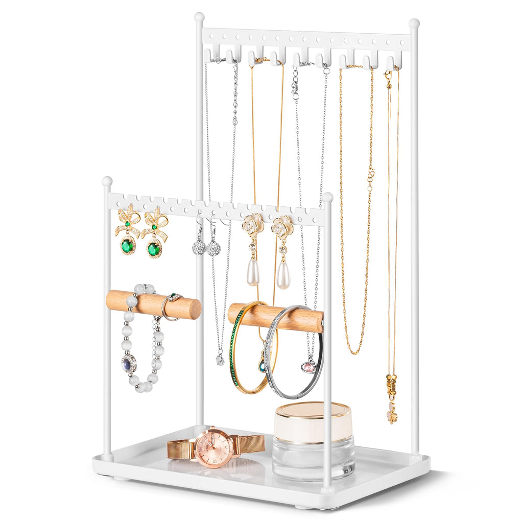 Josmimic 3 Tier white Jewelry Stand, Necklace Organizer, Earring Holder with 44 Holes and 9 Hooks, for Necklaces, Bracelets, Rings