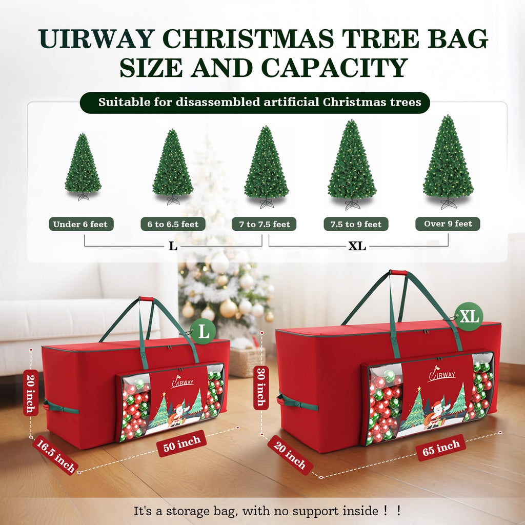 UIRWAY Christmas Tree Storage Bag- Fit for 9ft Artificial Trees, 600D Oxford Christmas Tree Bag with Transparent Pouch & Side Pocket, Extra Large Tree Bags with Sturdy Handles & Dual Zipper, Red