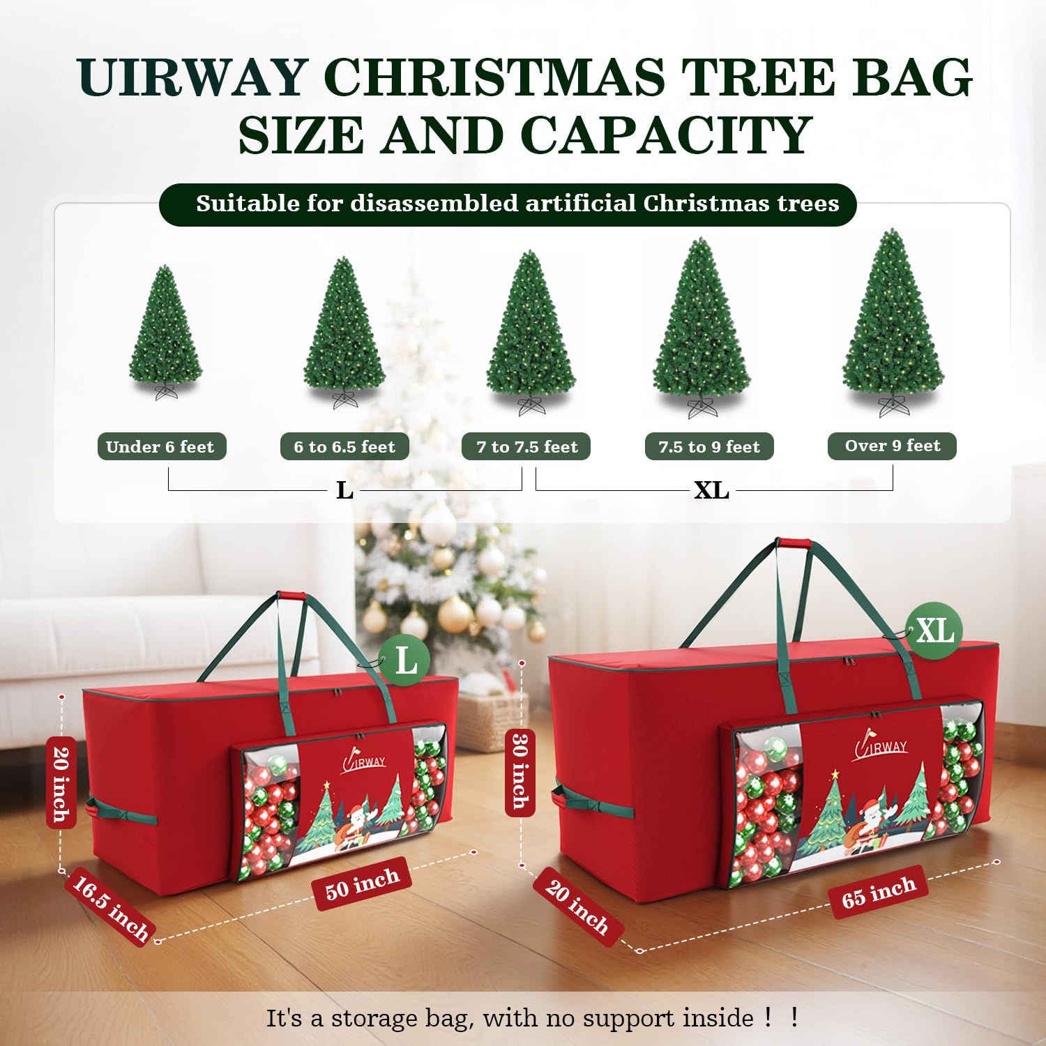 UIRWAY Christmas Tree Storage Bag- Fit for 9ft Artificial Trees, 600D Oxford Christmas Tree Bag with Transparent Pouch & Side Pocket, Extra Large Tree Bags with Sturdy Handles & Dual Zipper, Red