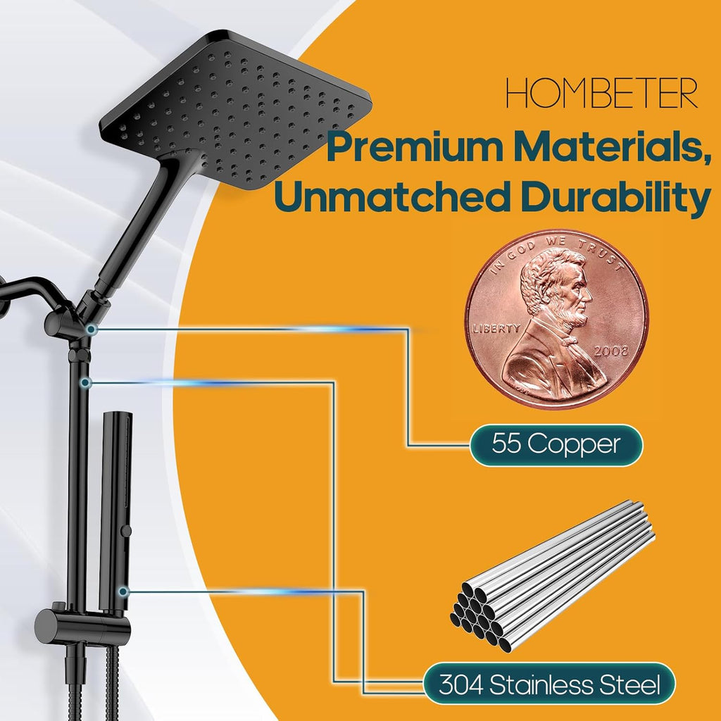 Skiennix High Pressure Rain Shower Head - 10 Inch Square Rainfall Shower System with Handheld Combo, Matte Black