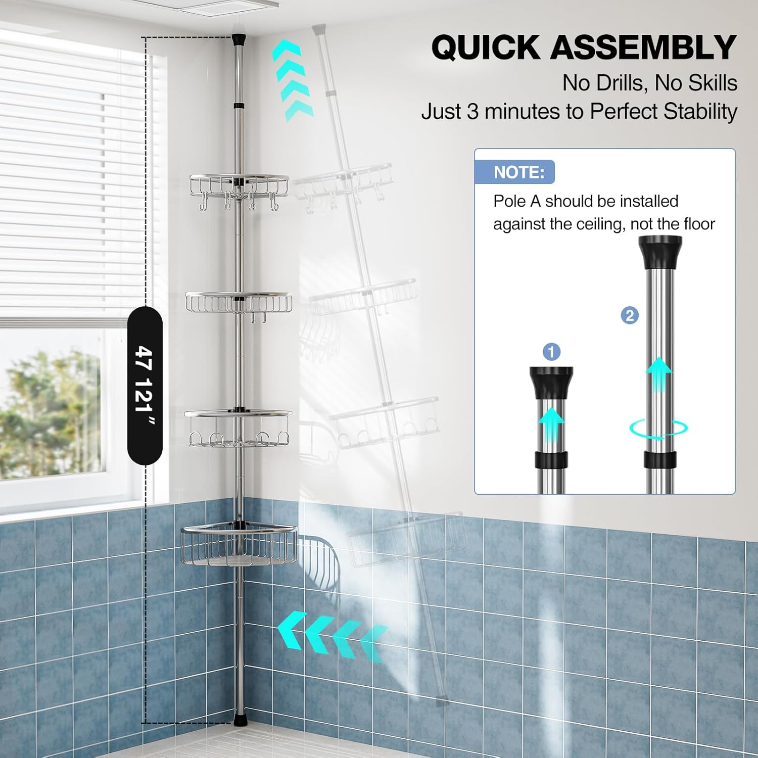 Skiennix Corner Shower Caddy Tension Pole - Rustproof 4-Tier Organizer | Adjustable 47-121 Inch Silver Shelves for Shampoo Storage