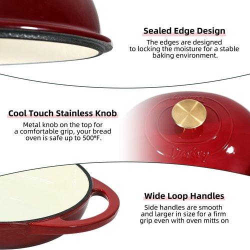 Davivy 6QT Oval Bread Dutch Oven with Silicone Baking Mat, Enameled Cast Iron Dutch Oven for Sourdough Bread Baking 6QT, Cast Iron Sourdough Bread Pan with Domed Lid - Ruby Red