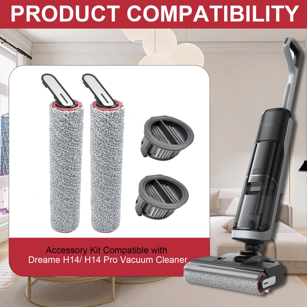 Brush Rollers and Filters Replacement Parts Compatible with Dreame H14/ H14 Pro Wet Dry Vacuum Cleaner (2 Roller Brushes, 2 Hepa Filter)