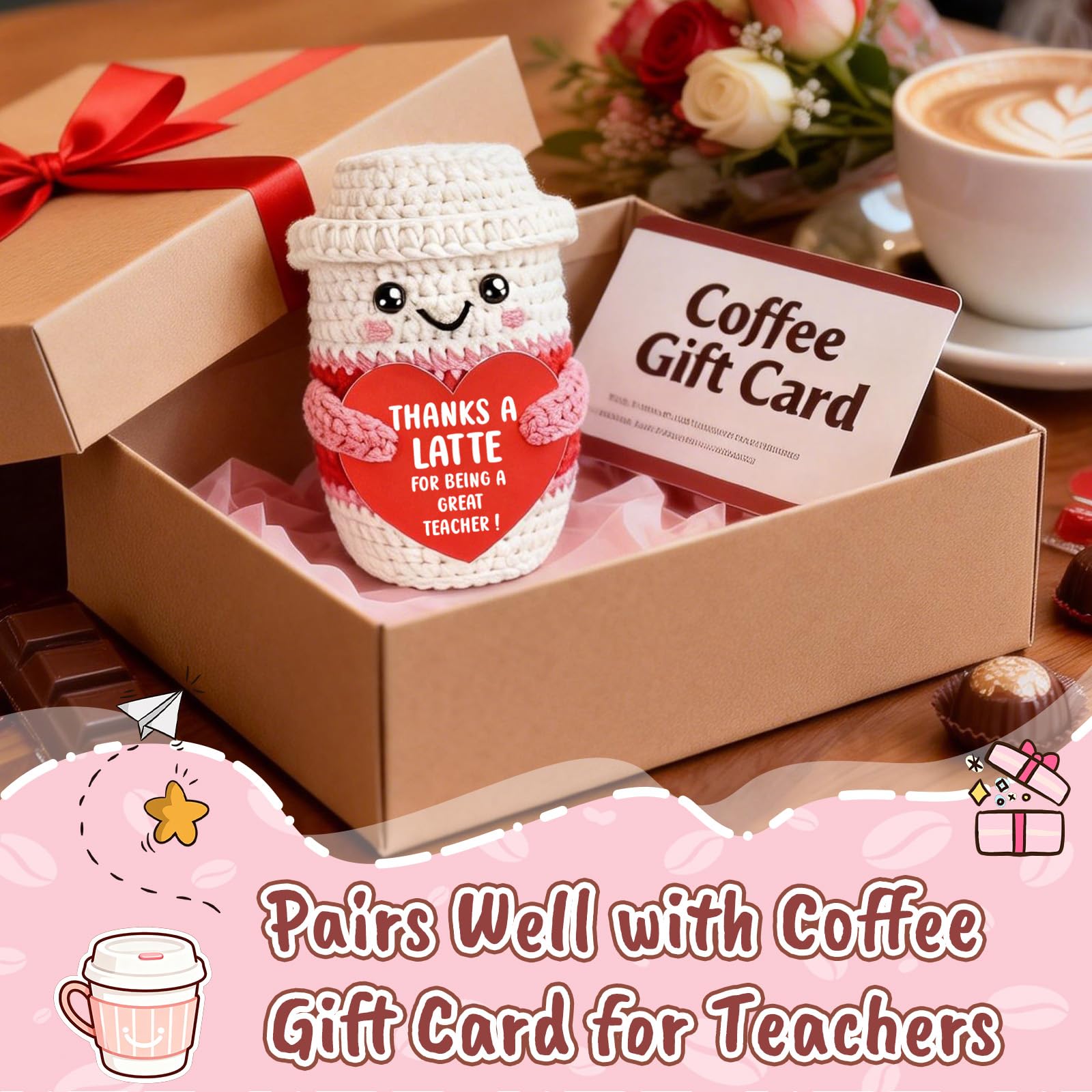 Weming Teacher Appreciation Gifts for Women Teachers, Handmade Crochet Latte Figure with “Thanks A Latte for Being a Great Teacher” Message Sign, End of Year Thank You & Retirement Gift from Students