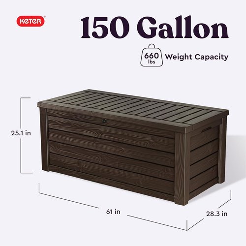 Keter Westwood 150 Gallon Deck Box - Large Brown Outdoor Storage & 2-Person Bench Seat with Lockable Lid