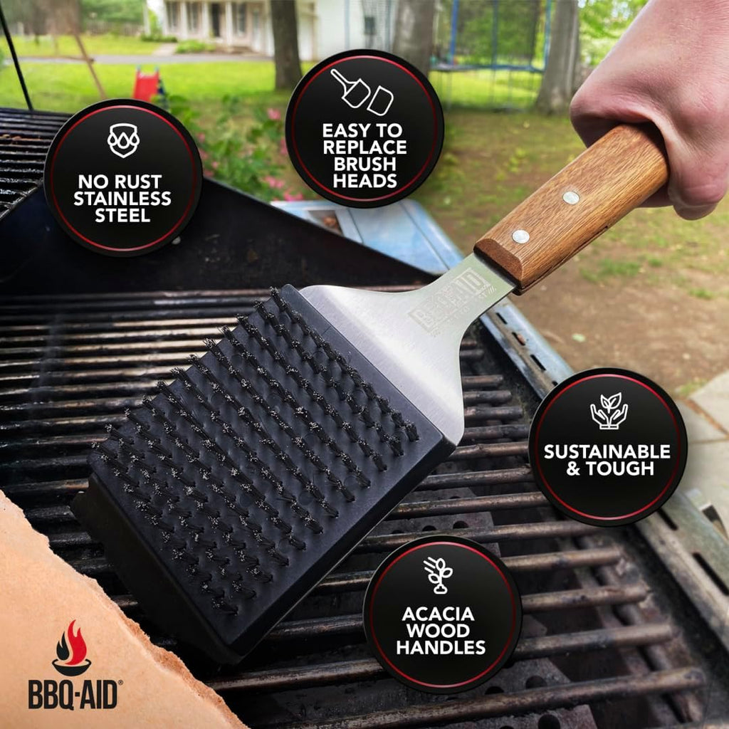 BBQ-Aid Grill Brush - Heavy-Duty Barbecue Scraper with Extended Wooden Handle & Replaceable Stainless Steel Bristles