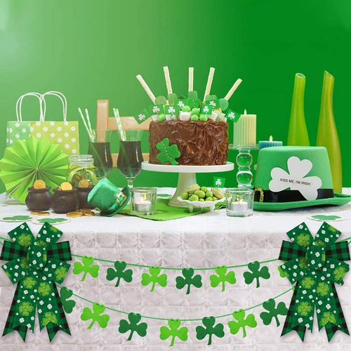 Heureppy Irish St. Patrick's Day Burlap Linen Wreath Bows - Green Plaid Clover Decor for Indoor/Outdoor Use