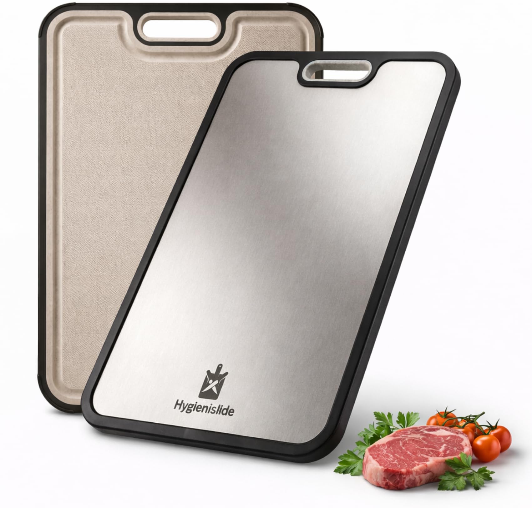 Titanium Cutting Board for Kitchen – Non Toxic & Hygienic, Reversible 2-in-1, Durable Metal Surface, Easy to Clean, Dual Surface with PP Wheat Fiber Side, Juice Groove, 16"x11"