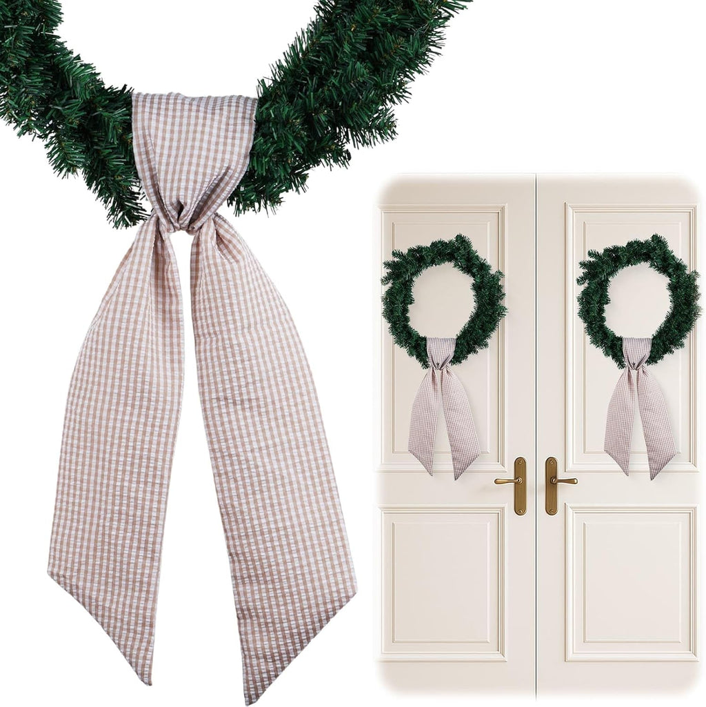 Brown Gingham Wreath Bow Set by [Brand Name] - 2 Pack Door Decoration | 5.12” Wide x 54.33” Each for Thanksgiving