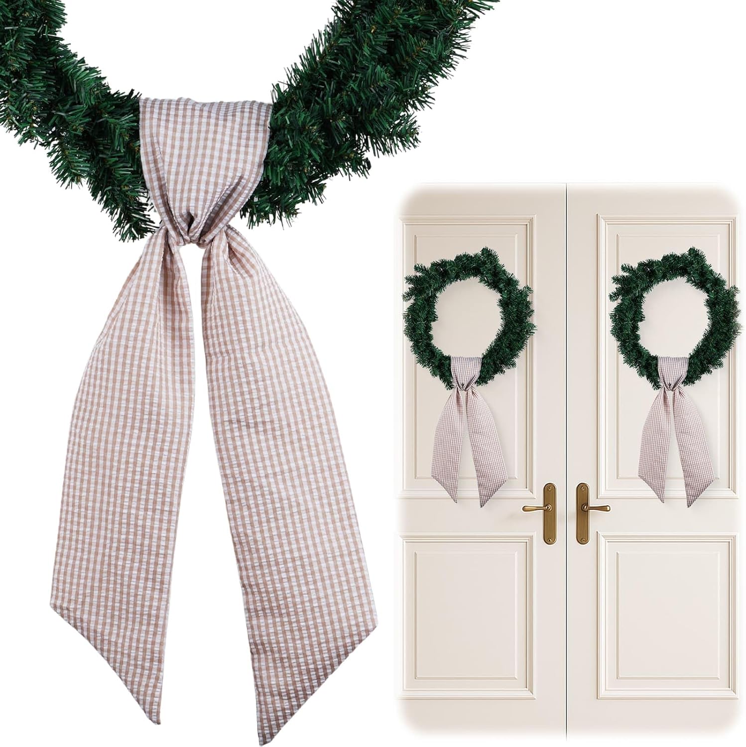 Brown Gingham Wreath Bow Set by [Brand Name] - 2 Pack Door Decoration | 5.12” Wide x 54.33” Each for Thanksgiving