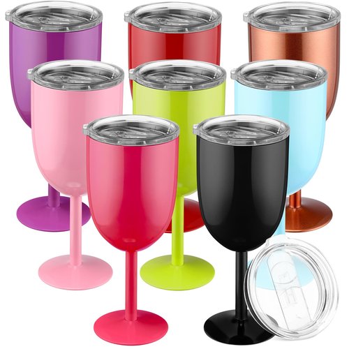Yinder 8 Pcs Stemmed Stainless Steel Wine Glasses, 12 oz Stainless Wine Goblet with Lids Double Wall Insulated Unbreakable Goblets Insulated Stem Tumbler for Friendship Birthday Party(8 Colors)