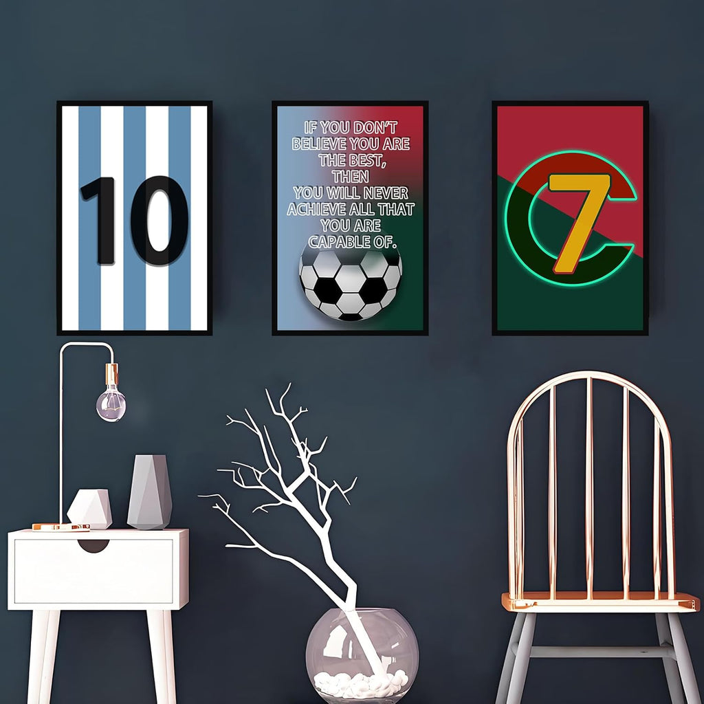 Pormipone Football Wall Art - 3 Pcs Soccer Canvas Posters for Boys' Room | 12x18 in Inspirational Decor
