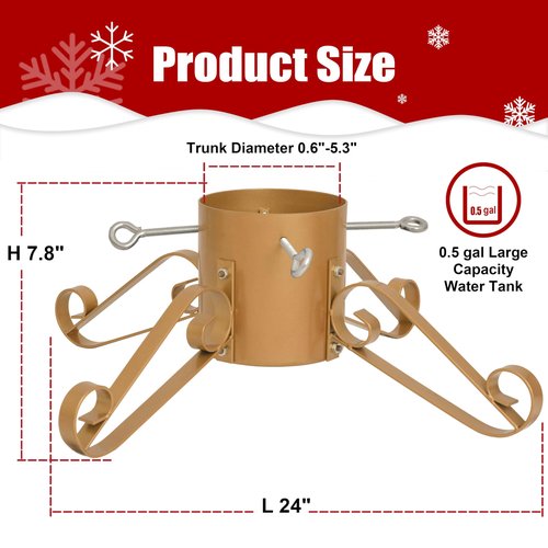 10FT Christmas Tree Stand for Real & Artificial Trees, 24" Base Holds up to 10 ft Live Trees & 3D Tree Topper with Timer, 20 Clear Lights & 8 Light Modes (Gold)