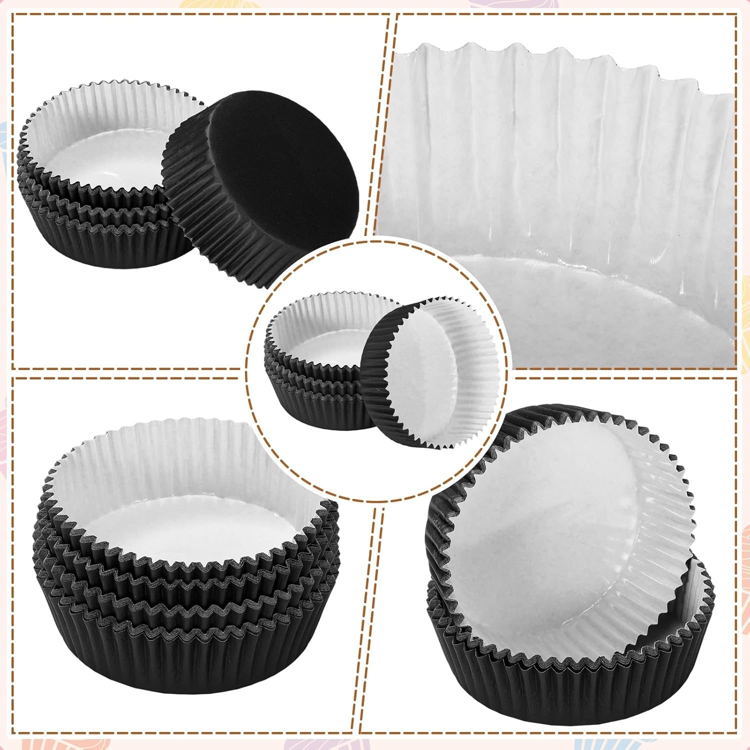 Uiifan Disposable Round Cupcake Liners - Microwave Safe Baking Cups for Snacks & Cakes | Black, 50 Pcs