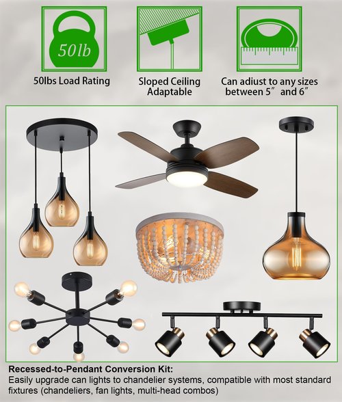 AKEETO 5 & 6 Inch Recessed Can Light Conversion Kit, Upgrade to Stylish Pendant & Hanging Light, Ceiling Fan Compatible, Includes 8-Inch 3D Ceiling Medallion (Matte White Finish, 1-Pack)