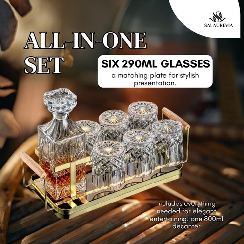 SAI AUREVIA - Customized Whiskey Decanter Gift Set with Plate | Premium Glass, Metal & Wood Design | Elegant Barware for Men | Perfect for Home, Office, Anniversary, Birthday & Special Occasions