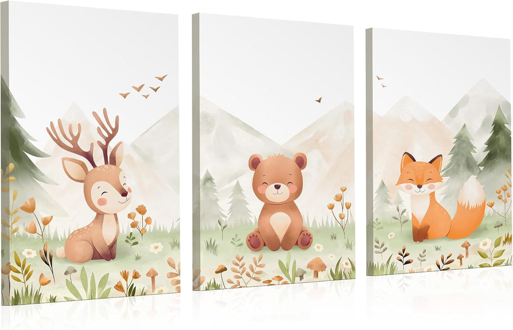 Woodland Nursery Wall Art - Set of 3 Neutral Animal Canvas Prints | 12x16 Inch Framed Decor for Baby Rooms
