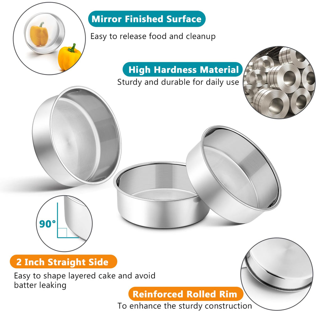 P&P CHEF 5 Inch Round Cake Pan Set of 3, Stainless Steel Round Baking Layer Pans Bakeware for Layer Birthday Cake, Fit Oven/Pots/Pressure Cooker, Leakproof & Dishwasher Safe, Silver