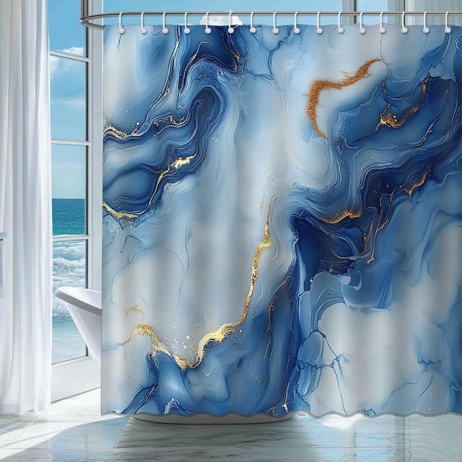 Mocsicka Blue Marble Shower Curtain Abstract Modern Luxury Marble Bathroom Shower Curtain Blue Marble Waterproof Fabric Shower Curtains Bathtub Decor with 12 Hooks 72 X 72 Inch (Blue)