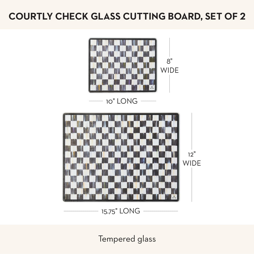 MACKENZIE-CHILDS Tempered Glass Cutting Board, Large Countertop Cutting Board, Black-and-White Courtly Check, Set of 2