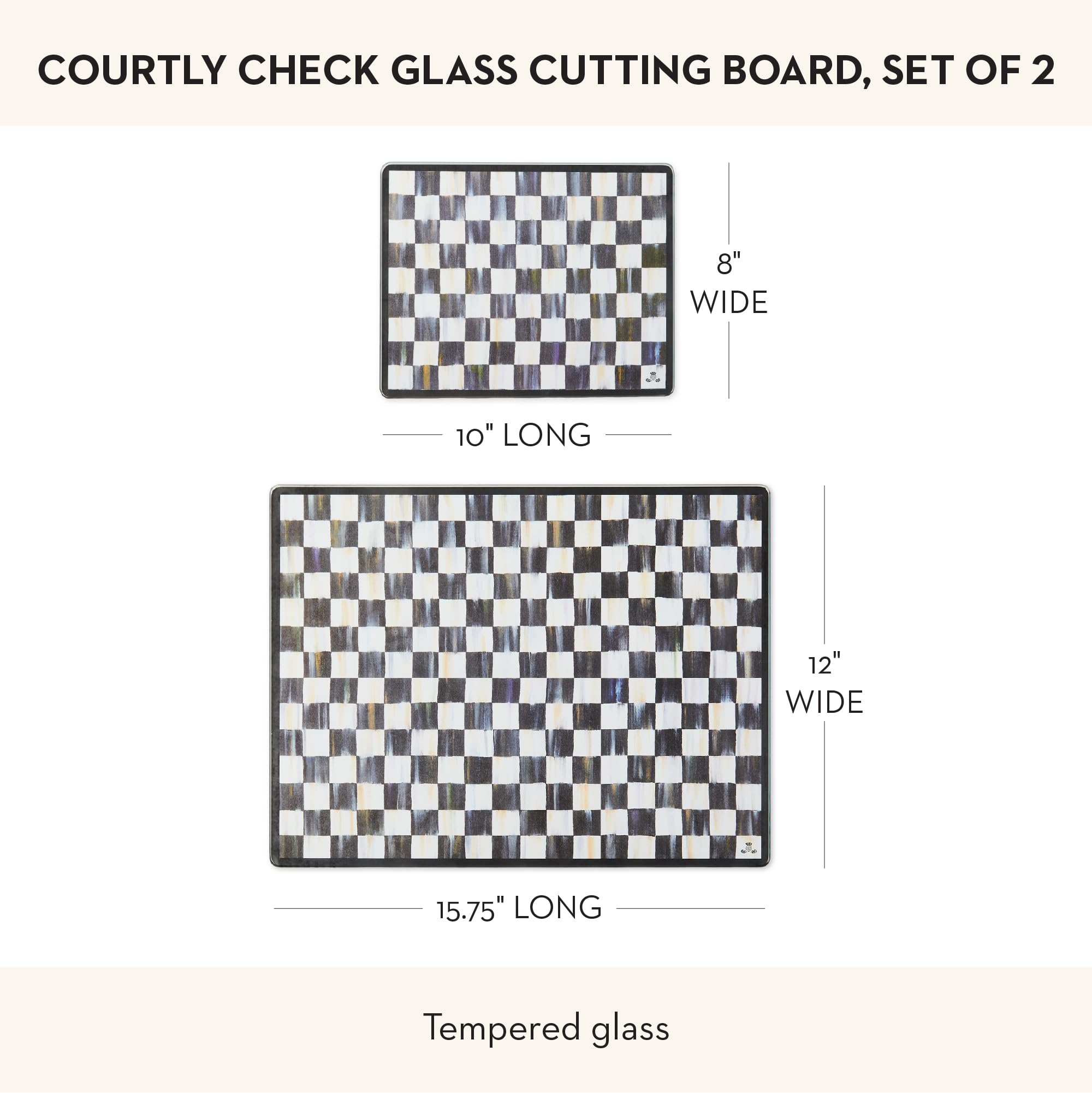 MACKENZIE-CHILDS Tempered Glass Cutting Board, Large Countertop Cutting Board, Black-and-White Courtly Check, Set of 2