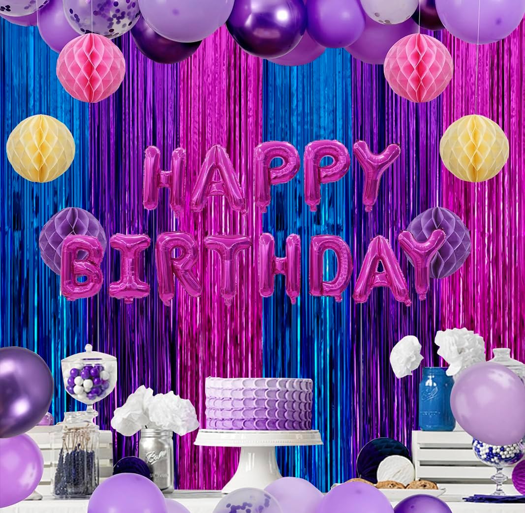 Skiennix Metallic Tinsel Foil Fringe Backdrop - 2 Pack 3.3x6.6ft in Blue & Hot Pink | Perfect for Birthday & Party Decor
