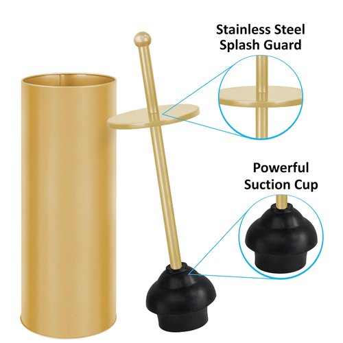 Toilet Plunger with Holder for Bathroom - Deep Cleaning - Heavy Duty - Strong Efficient Suction Cup - Household Essentials - Household Supplies, Satin Gold