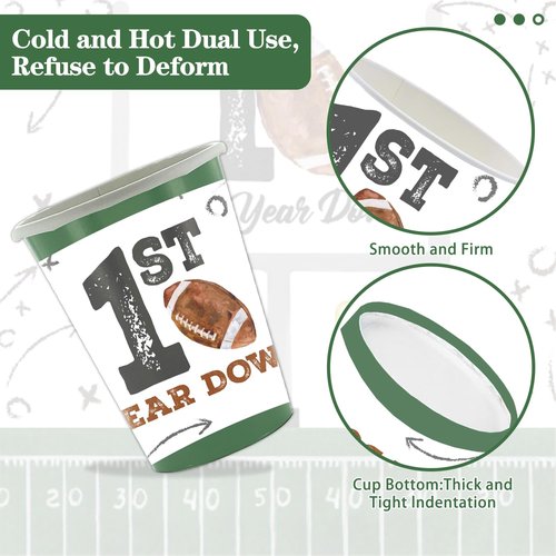 LANGASQUE Football First Year Down Birthday Decorations, 168pcs Paper Plates Napkins Set Football Theme Dinnerware Including Plates, Napkins, Cups, Knives, Forks, Spoons for Birthday Party Supplies