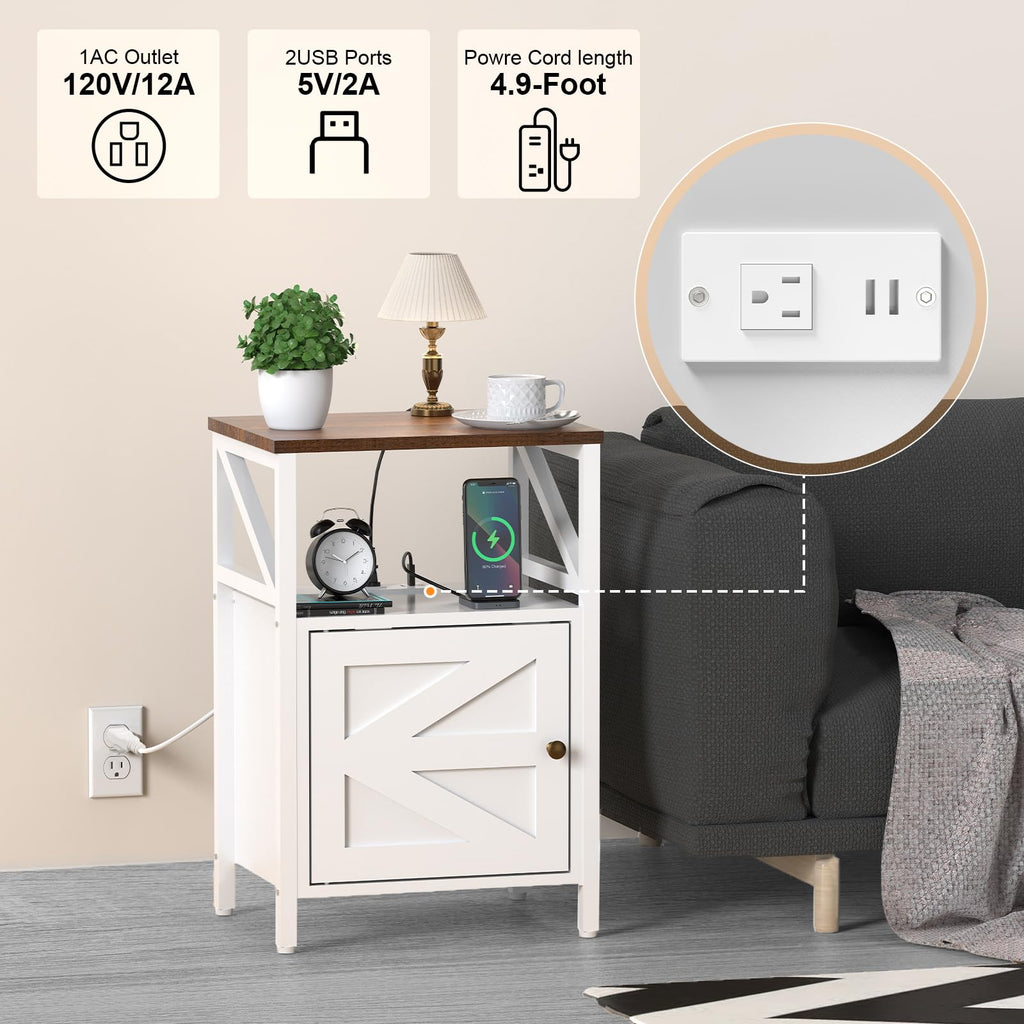 Farmhouse Side Table with Charging Station -3-Tier USB Ports & Outlets End Table, Compact Bedside Storage Table for Small Spaces, Multi-Functional Accent Table for Bedroom, Living Room, Couch Entryway