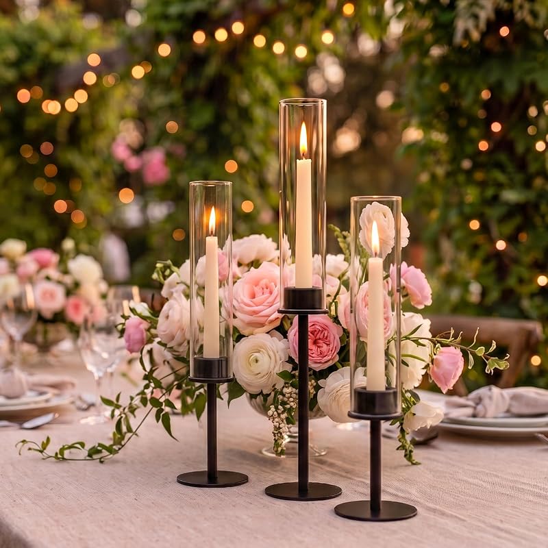 Black Candle Holders Set of 6 - Modern Hurricane with Glass Cylinders (Variation: Black+6)
