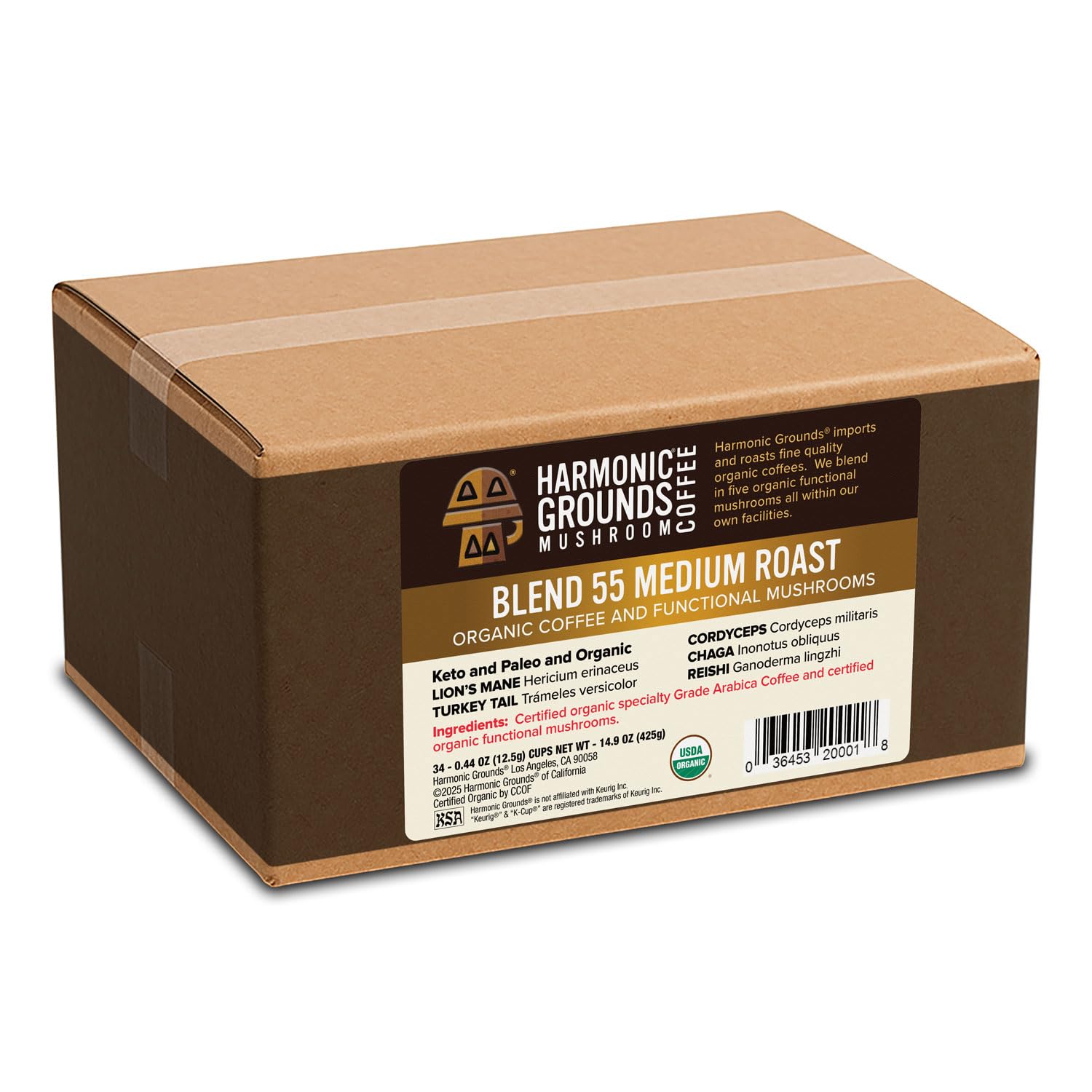 Harmonic Grounds Organic Mushroom Coffee Pods - Medium Roast Coffee with Lion's Mane, Reishi, Chaga, Cordyceps & Turkey Tail - Compatible with Keurig K-Cup Brewers - 34 Count